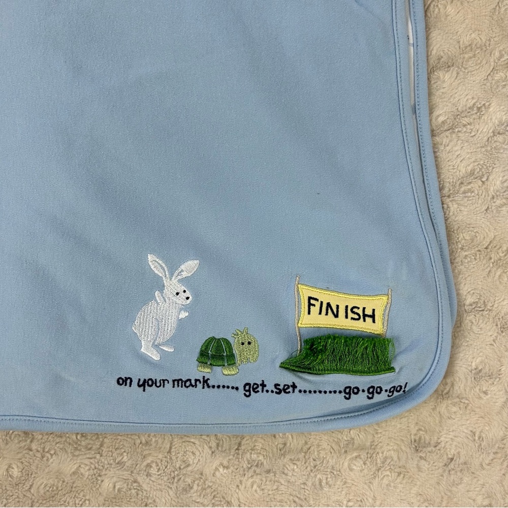 Vintage Gymboree Turtle Rabbit Baby Blanket Blue White Green Tortoise Hare 2001